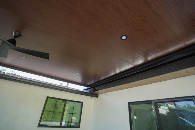 Insulated roof with woodgrain underside and LED lights