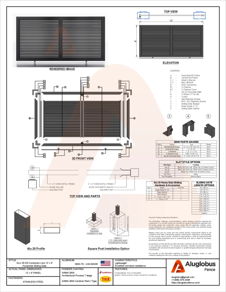 ALU20 HD sliding gate drawing, 12′ × 6′
