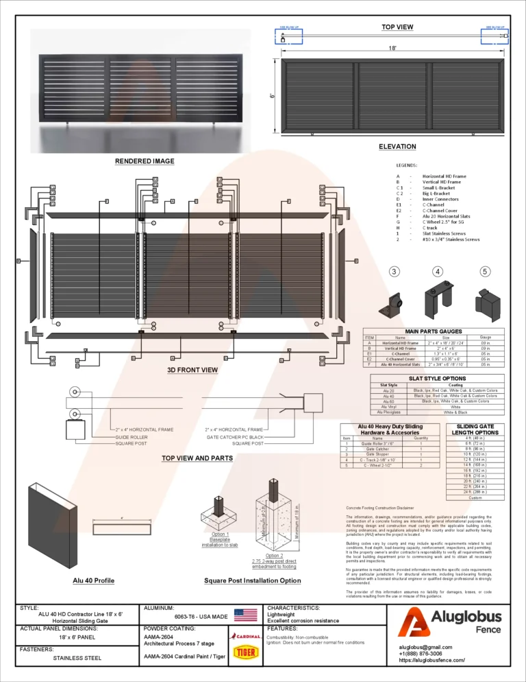 ALU40 HD sliding gate drawing, 18′ × 6′