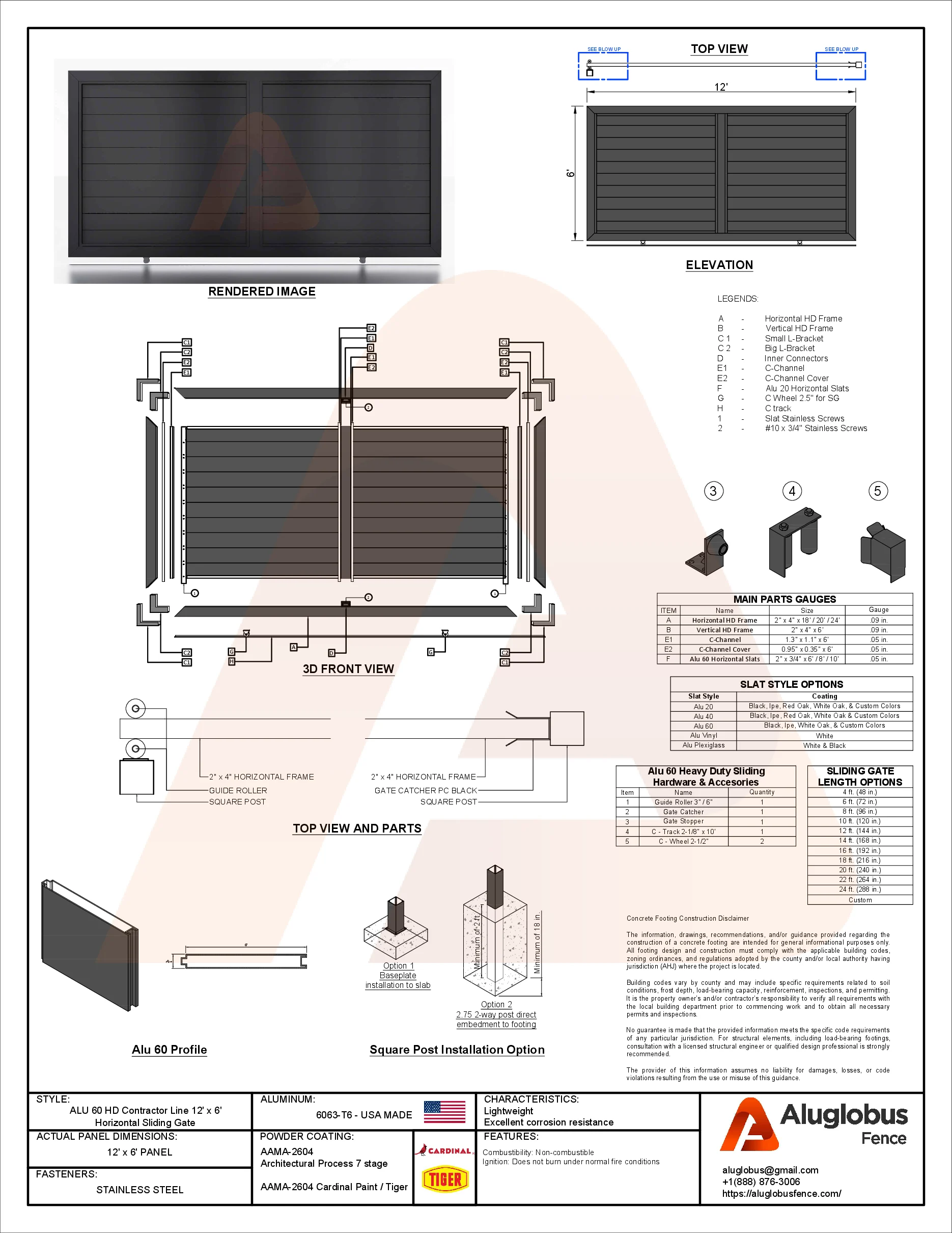 ALU60 T&G HD sliding gate drawing, 12′ × 6′