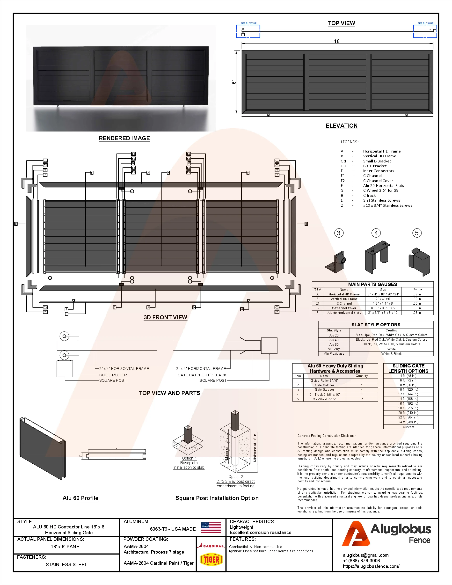 ALU60 T&G HD sliding gate drawing, 18′ × 6′