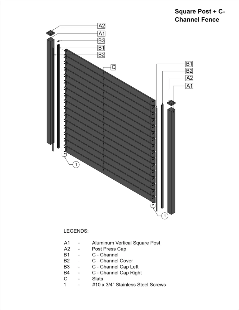 Square post and C-channel fence exploded drawing