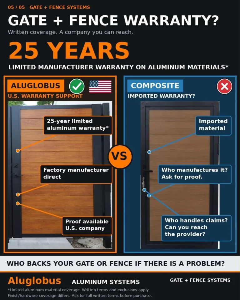 Infographic: 25-year limited aluminum warranty compared with a composite gate