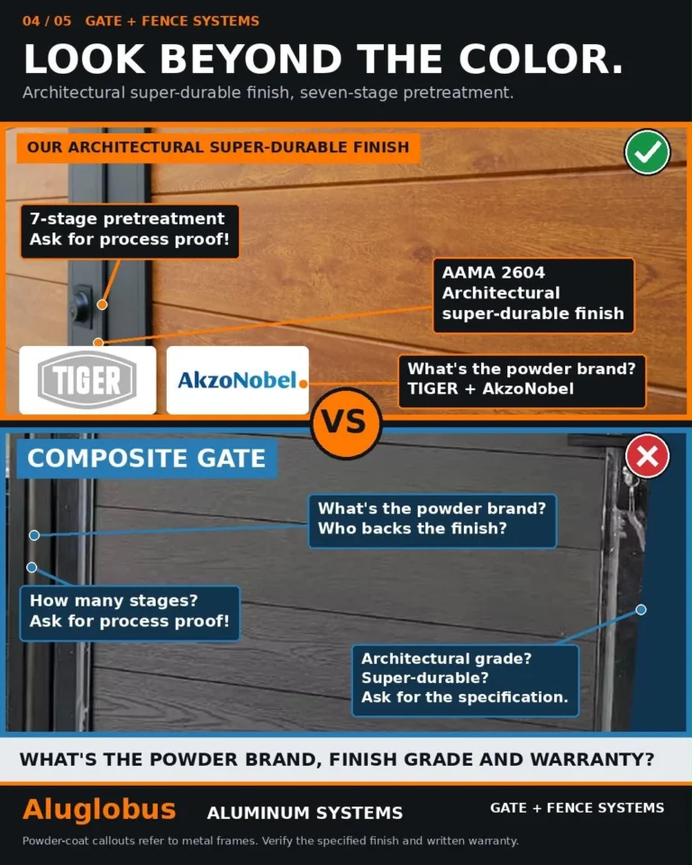Infographic: Aluglobus architectural powder coat finish compared with a composite gate
