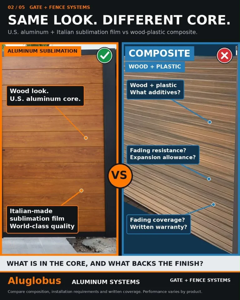Infographic: wood-look aluminum compared with a brown wood-plastic composite fence