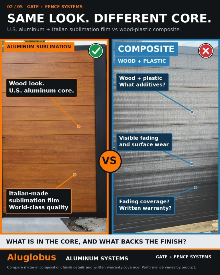 Infographic: wood-look aluminum compared with a gray wood-plastic composite fence