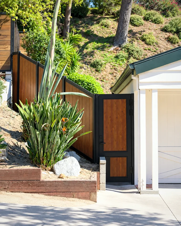 Custom vertical wood grain aluminum gate and fence on a hillside
