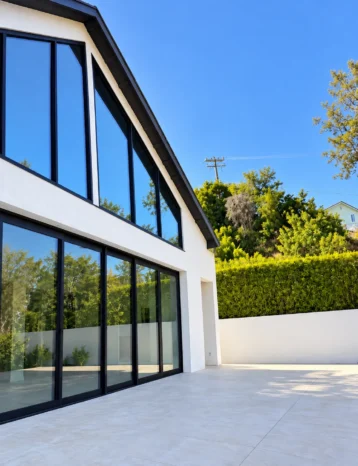 Modern black motorized louvered pergola roof with recessed LED downlights installed above poolside deck