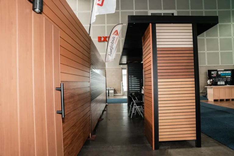 Woodgrain aluminum cladding wall with a door