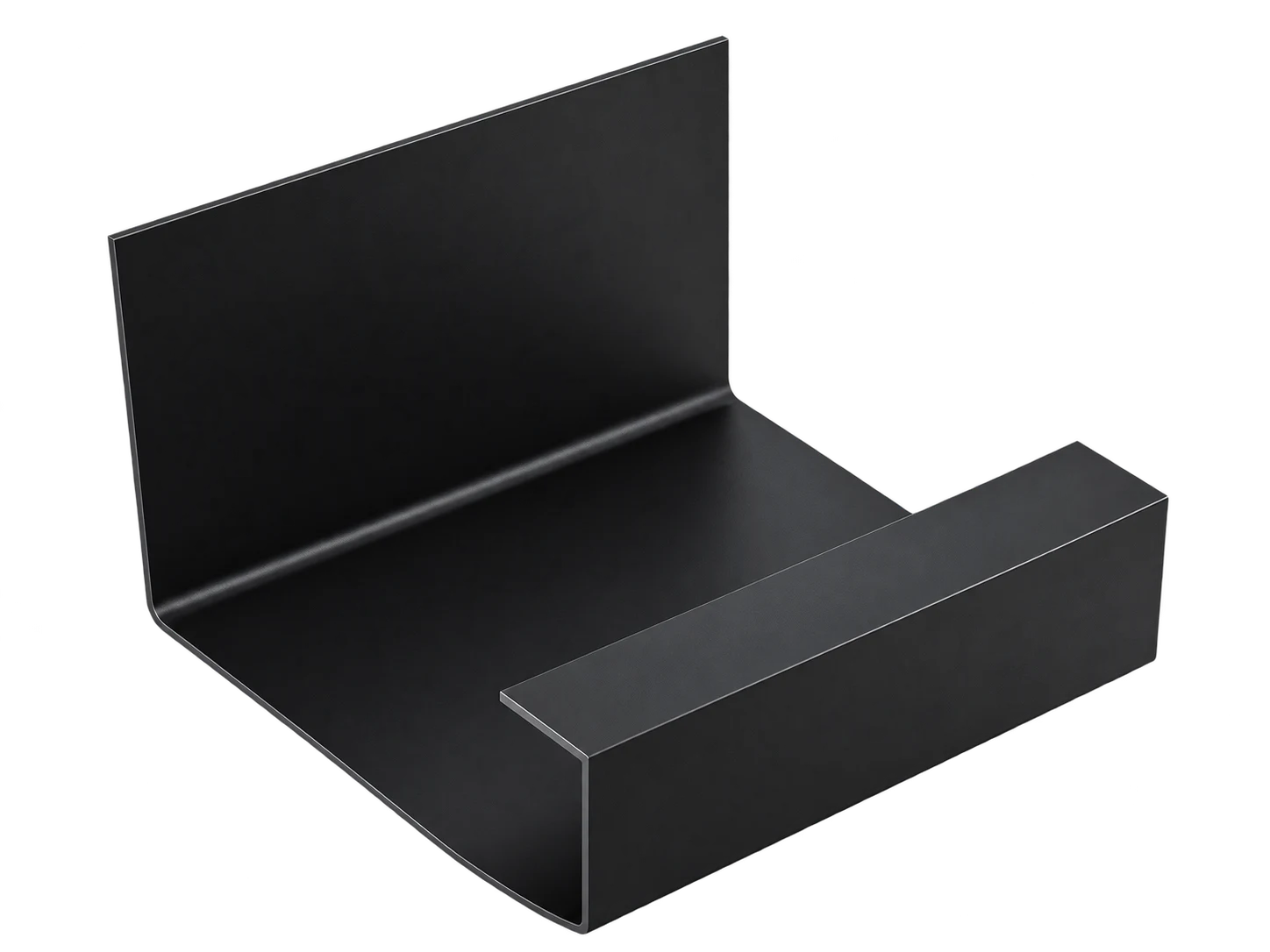 Charcoal aluminum gutter profile with a tall rear wall and inward front lip
