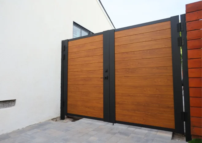 Aluglobus universal DIY double swing gate kit with black powder coated perimeter frame and side posts.